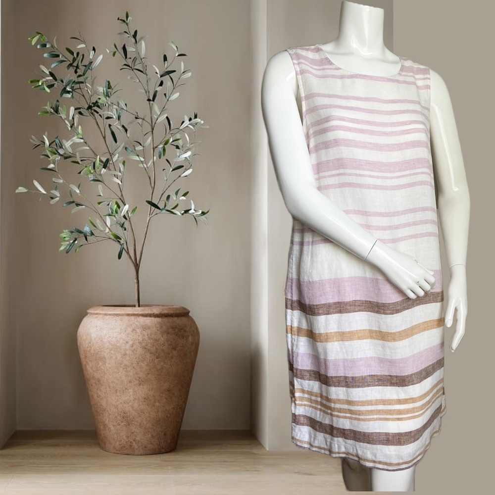 Rachel Zoe Striped Linen Shift Dress Brown White Purple Woven Neutral Artisan 10